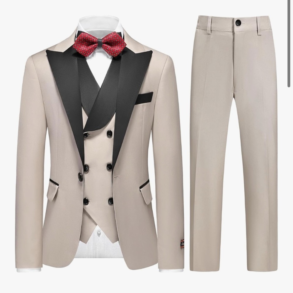 Elegant Beige Suit with Red Bow Tie
